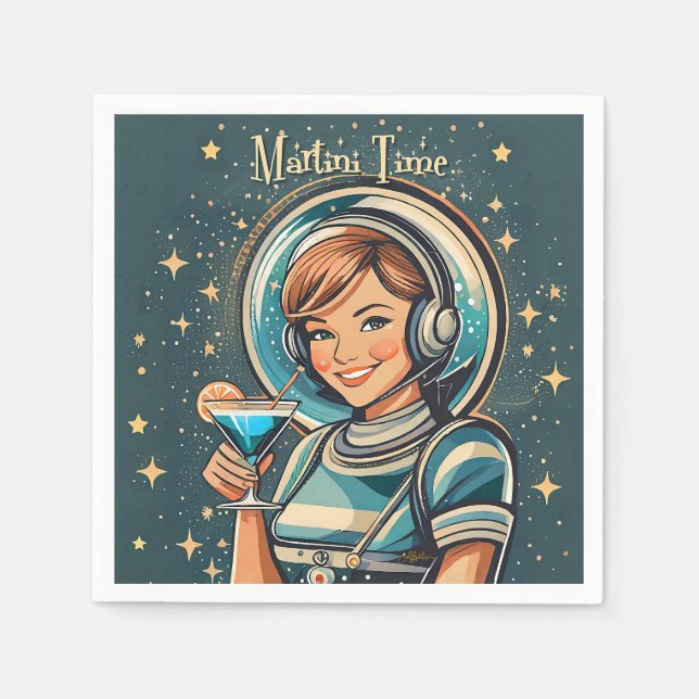 Retro Futuristisches Astro Mädchen Martini Zeit Serviette (Vorderseite)