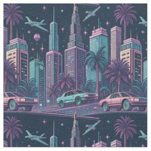Retro-futuristisches Neon-Synthwave-Cyber-City-Mus Stoff