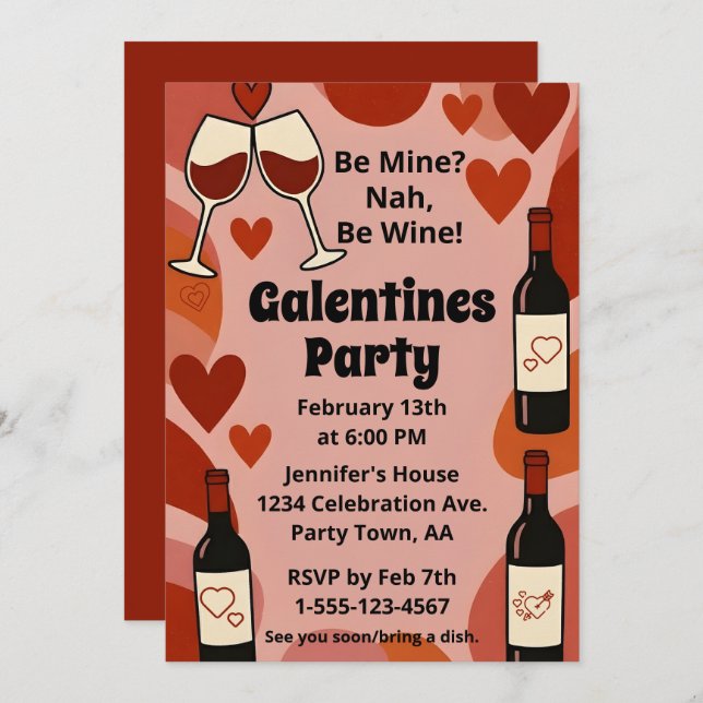 Retro Galentine Be Wine Fun Party Personalized Einladung (Vorne/Hinten)
