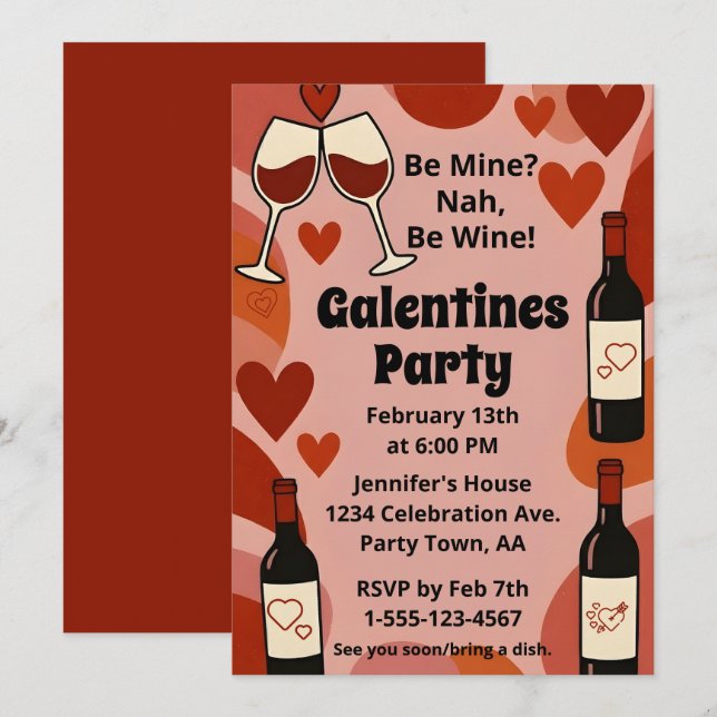 Retro Galentine Sei Wein Spaßparty Personalisiert Einladung (Vorne/Hinten)