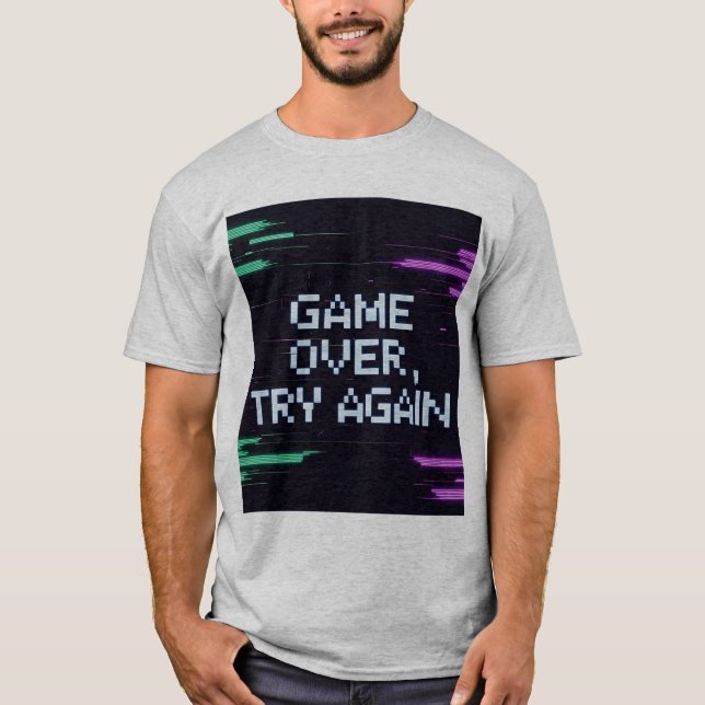Retro Game Over T - Shirt - Blue Glitchy Gamer Vat (Vorderseite)