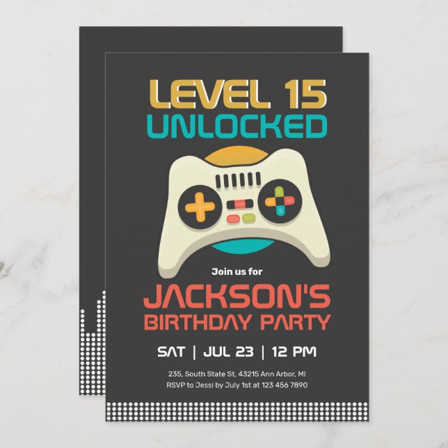 Retro Gamer Boy Level Unlocks Videospiel Geburtsta Einladung (Vorne/Hinten)