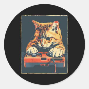 Retro Gamer Cat mit Spielekonsole für Spiel Runder Aufkleber