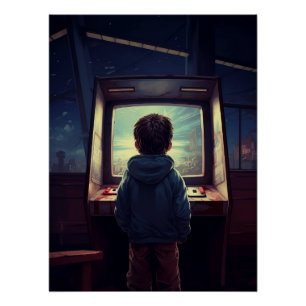 Retro-Gamer-Junge an der Arcade-Maschine Poster