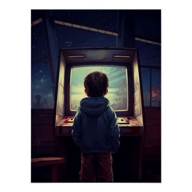 Retro-Gamer-Junge an der Arcade-Maschine Poster (Vorderseite)
