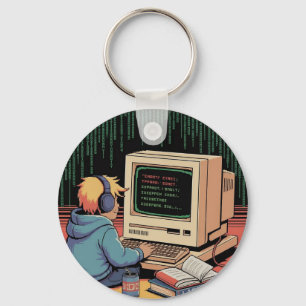 Retro Gamer Kid auf Vintagen Computer Pixel Art Schlüsselanhänger