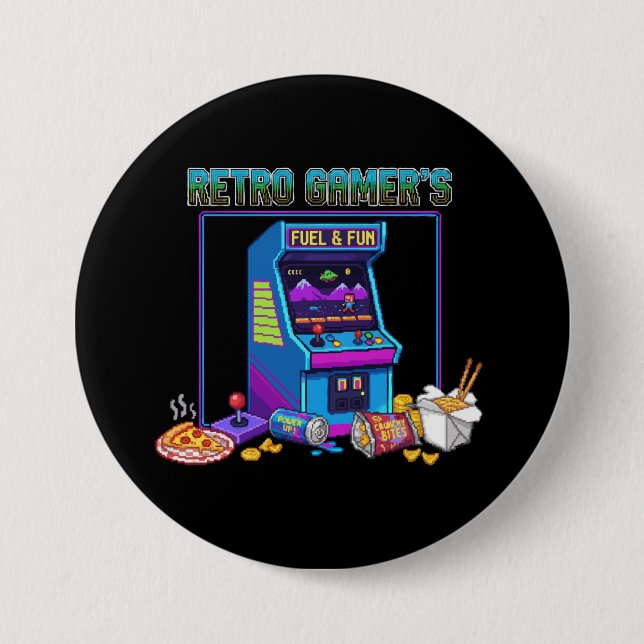 Retro Gamer's Fuel & Fun | 8-Bit Pixel Art Arcade Button (Vorderseite)