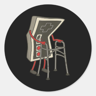 Retro-Gaming-Controller Alter Gamer mit Rollator L Runder Aufkleber