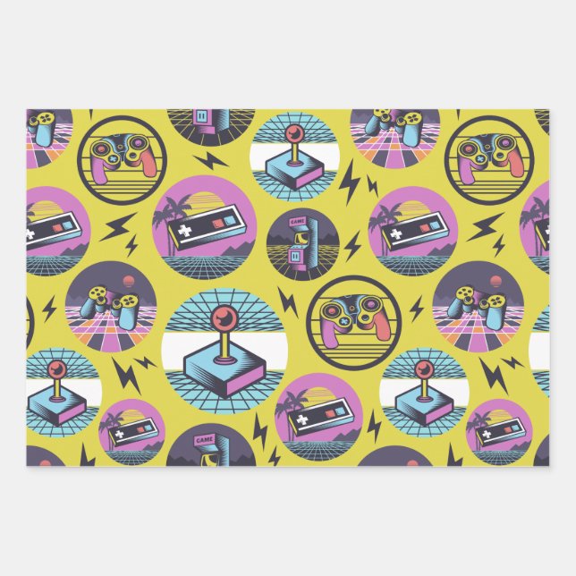 Retro Gaming Geek Gamer 80er Geschenkpapier Set (Vorderseite)