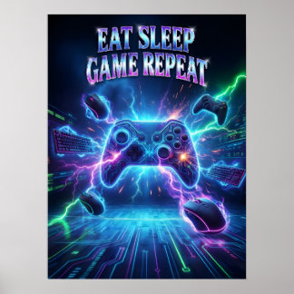 Retro-Gaming-Neon-Puls-Wiederholung Poster