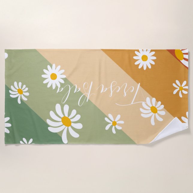 Retro-Gänseblümchen-Blumen-Regenbogen-Monogramm-St Strandtuch (Vorderseite)
