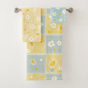 Retro-Gänseblümchen-Blumenmuster Gelb und Blau Badhandtuch Set