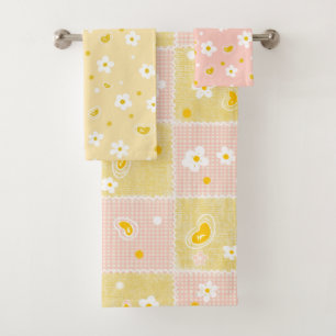 Retro-Gänseblümchen-Blumenmuster Gelb und Rosa Badhandtuch Set