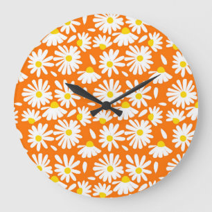 Retro-Gänseblümchen-Blumenmuster: orange vintage. Große Wanduhr