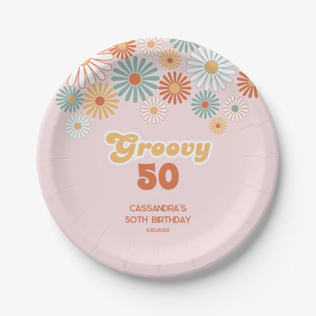 Retro-Gänseblümchen-Boho-groovy-floral-Geburtstag Pappteller (Vorderseite)