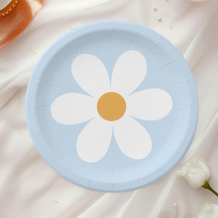 Retro-Gänseblümchen hellblaue Boho-Papierteller Pappteller