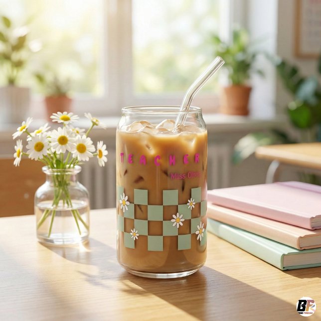 Retro Gänseblümchen Karo Personalisierter Lehrer E Dosenglas (Von Creator hochgeladen)
