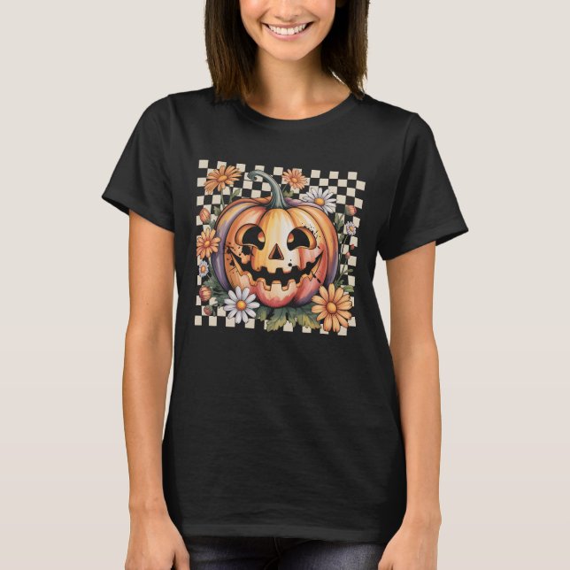Retro Gänseblümchen Kürbisjack-o-lantern Halloween T-Shirt (Vorderseite)