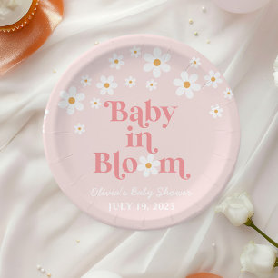 Retro-Gänseblümchen-Rosa Boho-Baby-in- Bloom-Baby- Pappteller