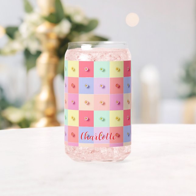Retro-Gänseblümchen Rot Pink Blaue Blumen Muster G Dosenglas (Insitu (Hochzeit))