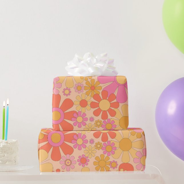 Retro Garden 60er 70er Vintage Blumenstreifen Rosa Geschenkpapier (Partygeschenke)