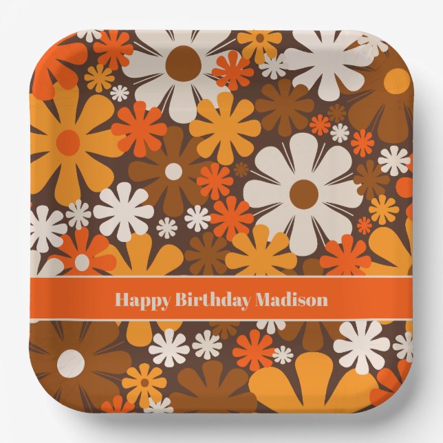 Retro Garden 70er 60er Brown & Orange Blumenmuster Pappteller (Vorderseite)