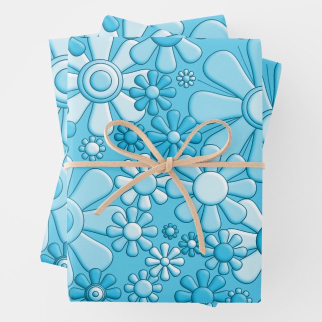 Retro Garden Blume 60er 70er Floral Pattern Blau Geschenkpapier Set (Beispiel)