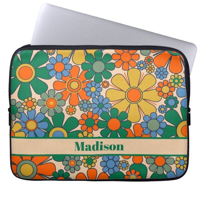 Retro Garden Blume 60er 70er Floral Personalisiert Laptopschutzhülle (Vorderseite)