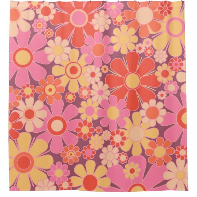 Retro Garden Blume 60er 70er Pattern Pink Duschvorhang (Vorderseite)