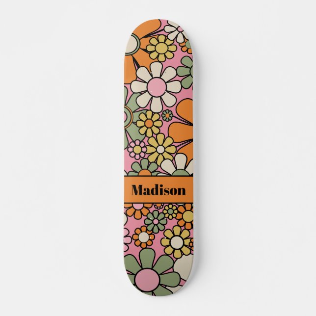 Retro Garden Blume Groovy 60er 70er Floral Name Skateboard (Vorne)