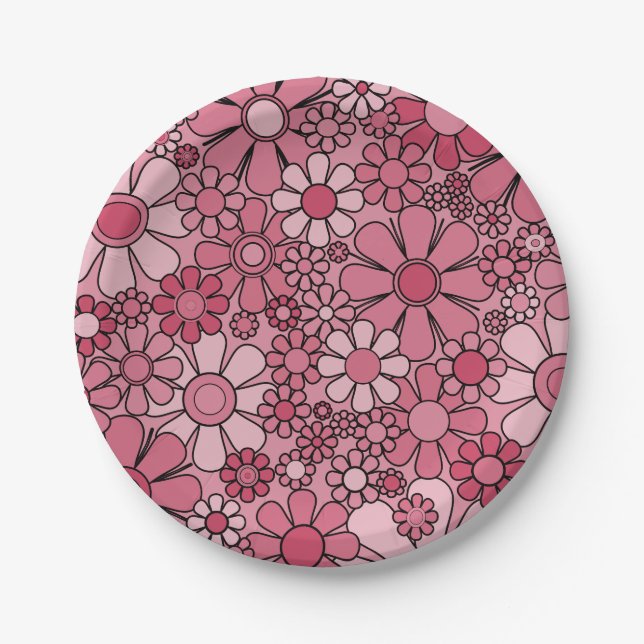 Retro Garden Blume Groovy 60er 70er Floral Pattern Pappteller (Vorderseite)
