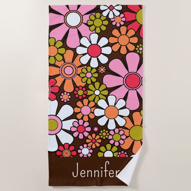 Retro Garden Blume Groovy 60er 70er Floral Pattern Strandtuch (Vorderseite)