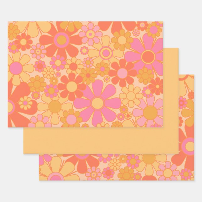 Retro Garden Blume Groovy Floral Pink Gelb Geschenkpapier Set (Set)