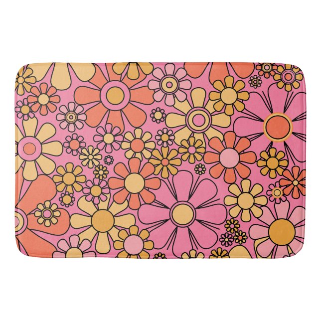 Retro Garden Blume Groovy Pink 60er 70er Floral Badematte (Vorderseite)