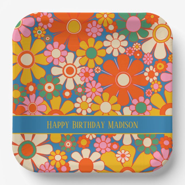 Retro Garden farbenfroher 60er 70er Floral Pattern Pappteller (Vorderseite)