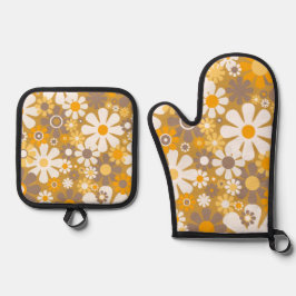 Retro Garden Floral 60er 70er Pattern Ofenhandschuh & Topflappen-Set