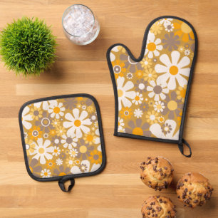 Retro Garden Floral 60er 70er Pattern Ofenhandschuh & Topflappen-Set