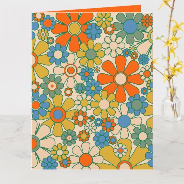 Retro Garden Floral 60er 70er Pattern Orange Karte (Gelbe Blume)