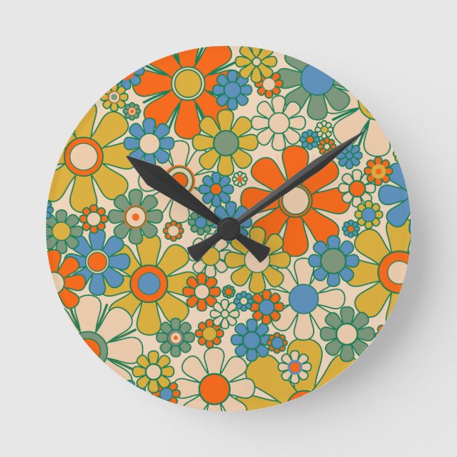 Retro Garden floral fröhlicher 60er 70er Pattern Runde Wanduhr (Vorderseite)