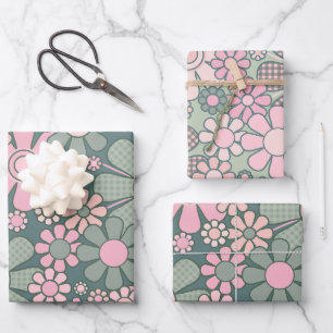 Retro Garden Gingham Blume Blumenmuster Geschenkpapier Set