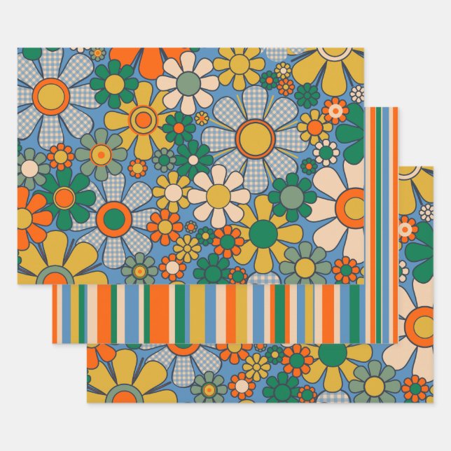 Retro Garden Gingham Blume Strip farbenfroh Geschenkpapier Set (Set)