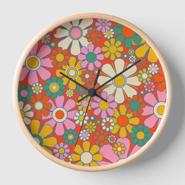 Retro Garden Groovy 60er 70er Floral Pattern Uhr (Vorderseite)