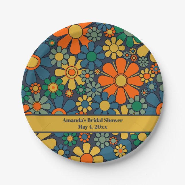 Retro Garden Groovy Floral 60er 70er Brautparty Pappteller (Vorderseite)