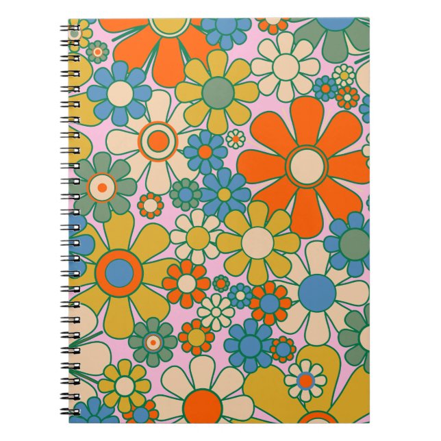 Retro Garden Groovy Floral 60er 70er Pattern Notizblock (Vorderseite)