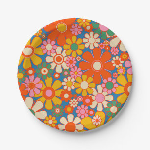 Retro-Garten Bunt 60er 70er Blumenmuster Pappteller