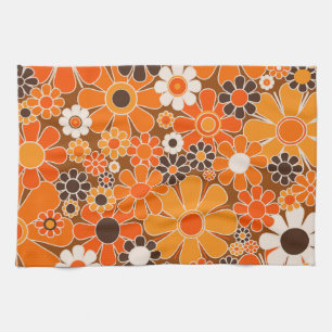 Retro-Garten Groovy-Blumenmuster 60er 70er Orange Geschirrtuch
