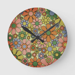Retro-Gartenblumen 60er 70er Frühjahrs-Blumenmuste Runde Wanduhr