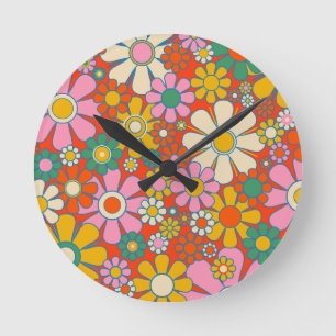 Retro-Gartenblumen Bunt 60er 70er Floral Runde Wanduhr