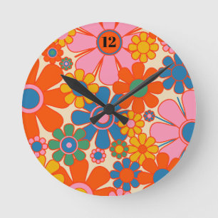 Retro-Gartenblumen Bunt 60er 70er Floral Runde Wanduhr