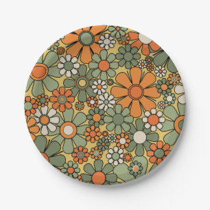 Retro-Gartenblumen Groovy 60er 70er Blumenmuster Pappteller